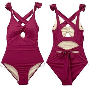 NWT Joyfolie Mia Joy Taryn One Piece Swimsuit Size XS Berry Wine Ruffle Tie Back